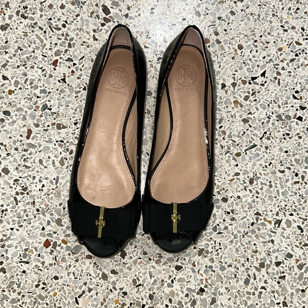 Tory Burch Black Peep Toe Flats with Gold Accent - Picture 3 of 7